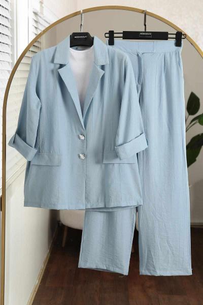 Kolları Katlamalı Cırtlı Pantolonlu Çilek Takım Bebe Mavi