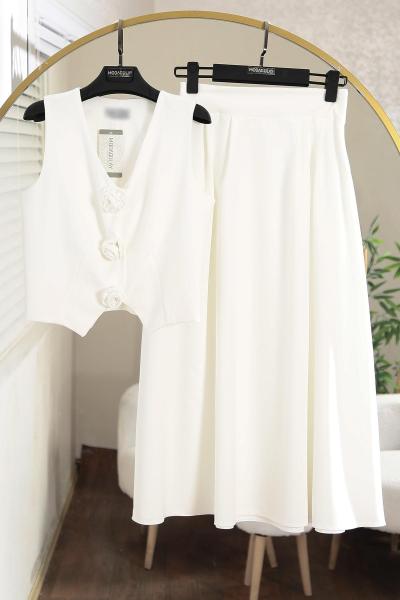 Gül Çıtçıt Düğmeli Yelek Etekli  Dabıl Takım Beyaz