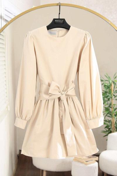 Geniş Bağlamalı Büzgülü Poplin Tunik Bej