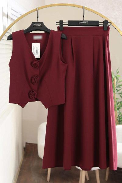 Gül Çıtçıt Düğmeli Yelek Etekli  Dabıl Takım Bordo