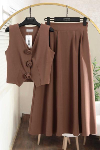 Gül Çıtçıt Düğmeli Yelek Etekli  Dabıl Takım Kahve