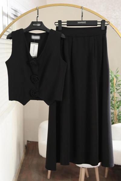 Gül Çıtçıt Düğmeli Yelek Etekli  Dabıl Takım Siyah