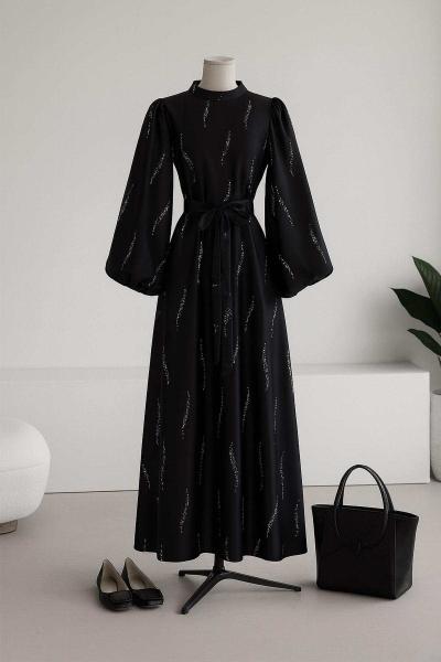 Balon Kol Kuşaklı Taş Detaylı Saten Elbise Siyah