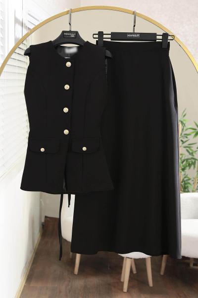 Çift Cepli Metal Düğmeli Yelek Etekli Dabıl Takım Siyah