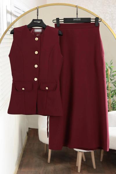 Çift Cepli Metal Düğmeli Yelek Etekli Dabıl Takım Bordo