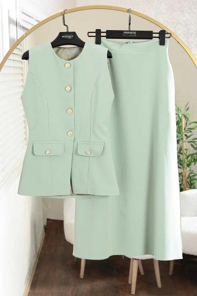 Çift Cepli Metal Düğmeli Yelek Etekli Dabıl Takım Adaçayı