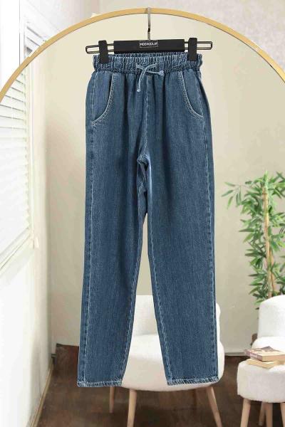 Beli Lastikli Bağlamalı Dar Paça Kot Pantolon Koyu Mavi