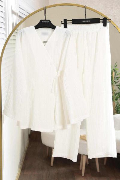 Yandan Bağlamalı Pantolonlu Figo Takım Ekru