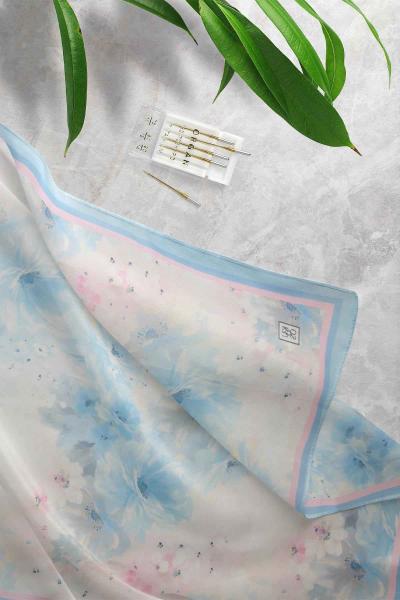 Aqa Soft Gonca Gül Desenli Şal Mavi Fuşya