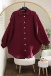 Arkası Bantlı Omuzu Dikişli Oversıze Müslin Gömlek Bordo