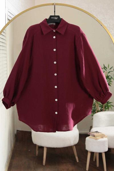 Arkası Bantlı Omuzu Dikişli Oversıze Müslin Gömlek Bordo