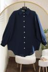Arkası Bantlı Omuzu Dikişli Oversıze Müslin Gömlek Lacivert