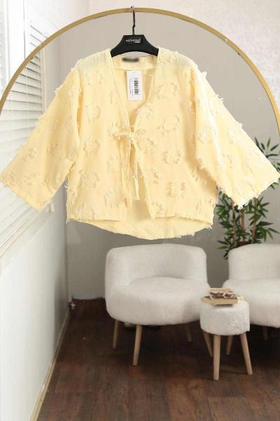 Bağlamalı Püsküllü Oversıze Kimono Sarı