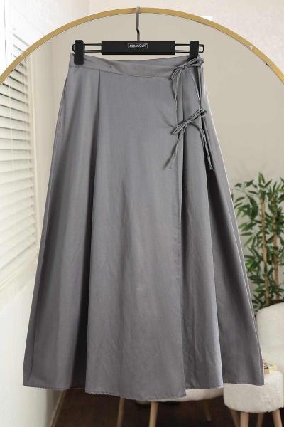 Beli Lastikli Çift Bağlamalı Anvelop Poplin Etek Füme