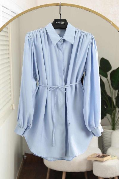 Omuz Büzgülü Kuşaklı Balon Kol Modal Gömlek Bebe Mavi