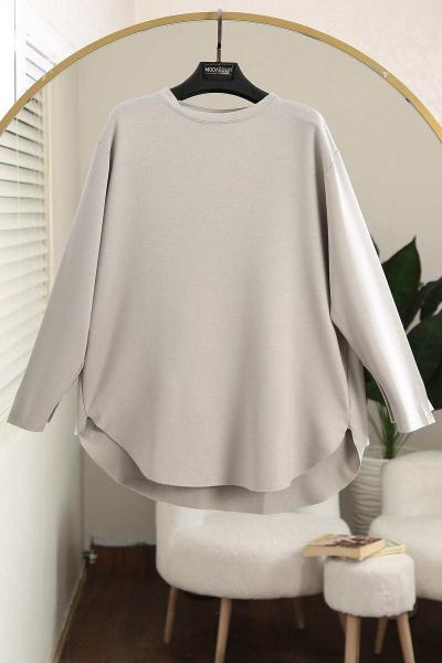 Sıfır Yaka Basıc Kristal Tunik Gri