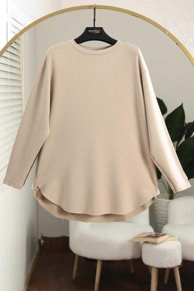 Sıfır Yaka Basıc Kristal Tunik Vizon