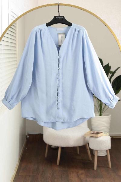 V Yaka Omuz Büzgülü Biritli Modal Gömlek Bebe Mavi