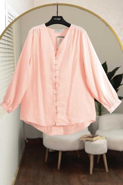V Yaka Omuz Büzgülü Biritli Modal Gömlek Pembe