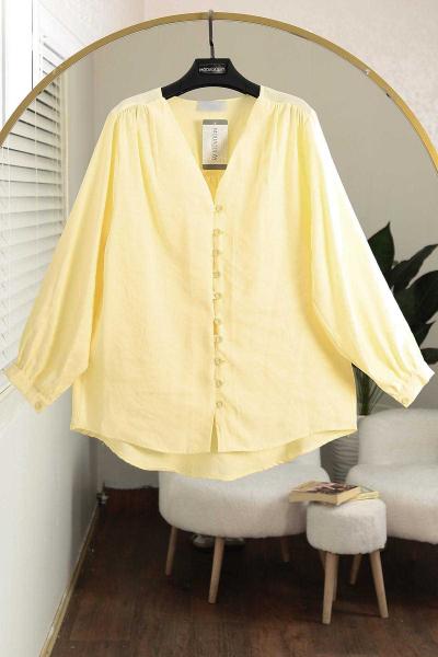 V Yaka Omuz Büzgülü Biritli Modal Gömlek Sarı