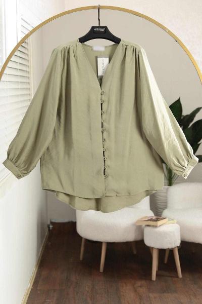 V Yaka Omuz Büzgülü Biritli Modal Gömlek Adaçayı