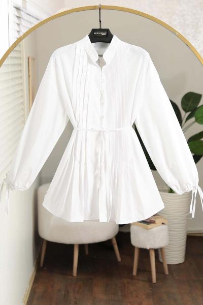 Nervürlü Bağlamalı Poplin Gömlek Beyaz
