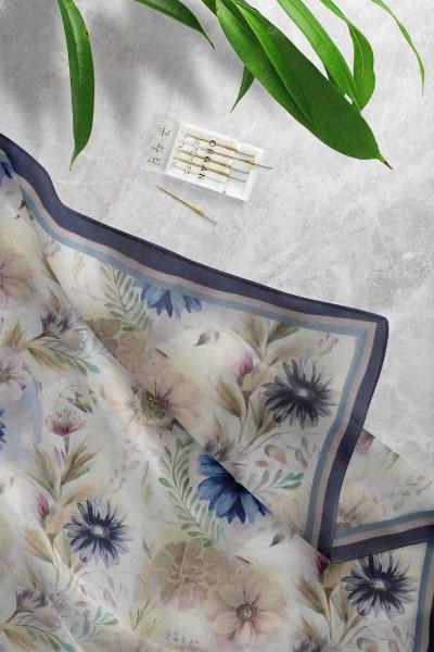 Renkli Çiçek Desenli D2 Şal Lacivert