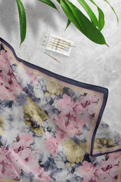 Karışık Gül Desenli D6 Şal Lacivert