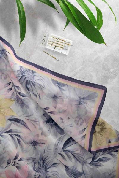 Çiçek Bahçesi Desenli D7 Şal Lacivert