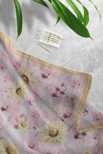 Papatya Desenli D3 Şal Sarı Pembe