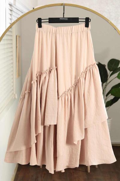 Parçalı Fırfırlı Pamuk Aerobin Etek Bej