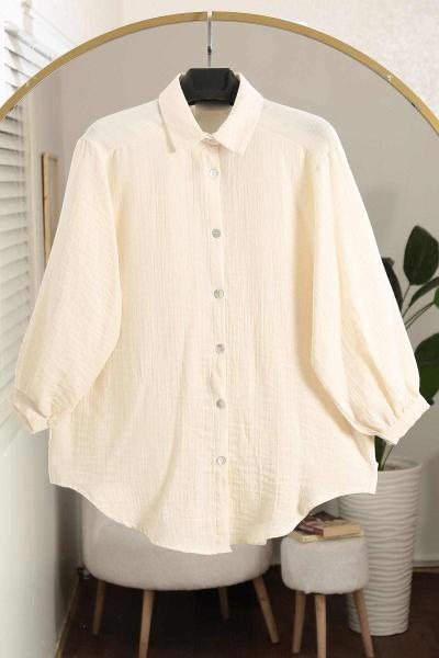 Arkası Bantlı Omuzu Dikişli Oversıze Müslin Gömlek Krem