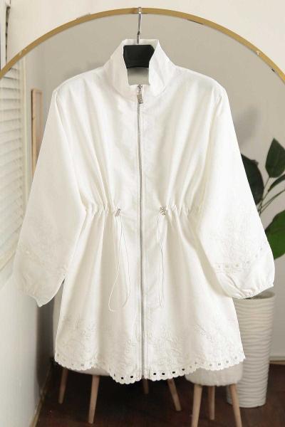 Kolları Etek Uçları Nakışlı Fermuarlı Ceket Ekru