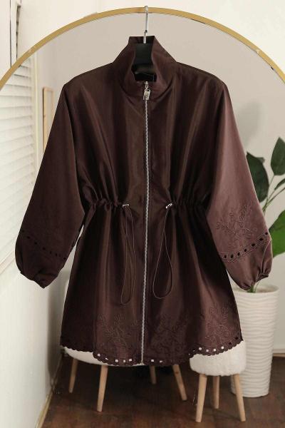 Kolları Etek Uçları Nakışlı Fermuarlı Ceket Kahve