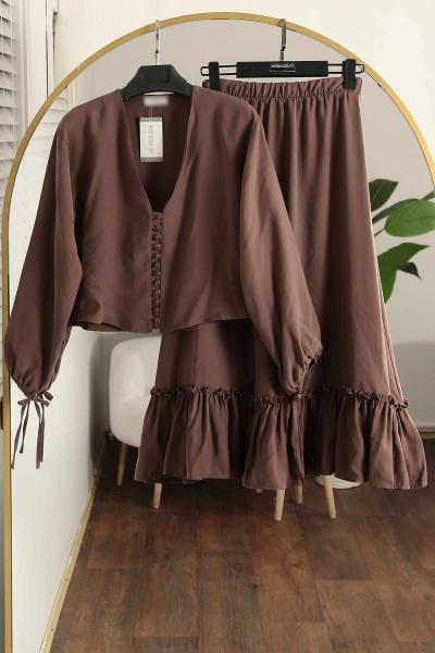 Kolları Bağlamalı Düğmeli Büzgülü Etek Modal Takım Kahve