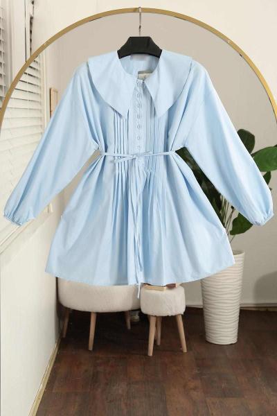 Denizci Yk Nervürlü Kuşaklı Oversıze Poplin Tunik Bebe Mavi