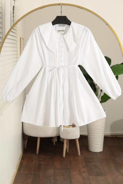 Denizci Yk Nervürlü Kuşaklı Oversıze Poplin Tunik Beyaz