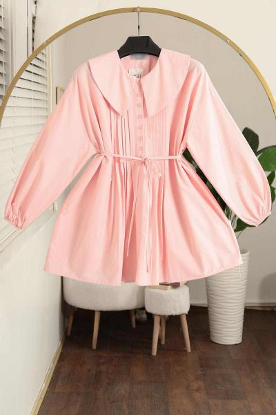 Denizci Yk Nervürlü Kuşaklı Oversıze Poplin Tunik Pembe
