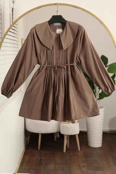 Denizci Yk Nervürlü Kuşaklı Oversıze Poplin Tunik Sütlü Kahve