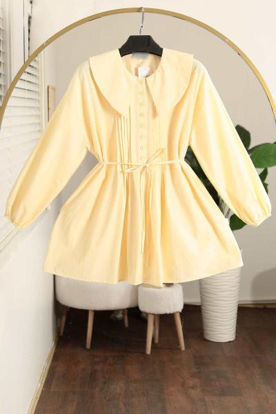 Denizci Yk Nervürlü Kuşaklı Oversıze Poplin Tunik Sarı