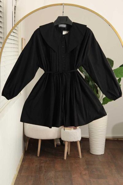 Denizci Yk Nervürlü Kuşaklı Oversıze Poplin Tunik Siyah