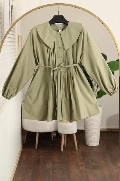 Denizci Yk Nervürlü Kuşaklı Oversıze Poplin Tunik Adaçayı