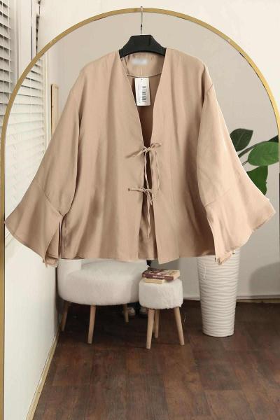İki Bağlamalı Yırtmaçlı Verev Modal Kimono Bej
