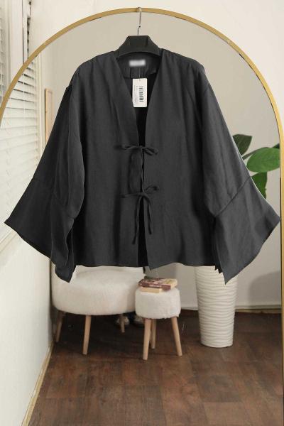 İki Bağlamalı Yırtmaçlı Verev Modal Kimono Füme