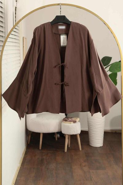 İki Bağlamalı Yırtmaçlı Verev Modal Kimono Kahve