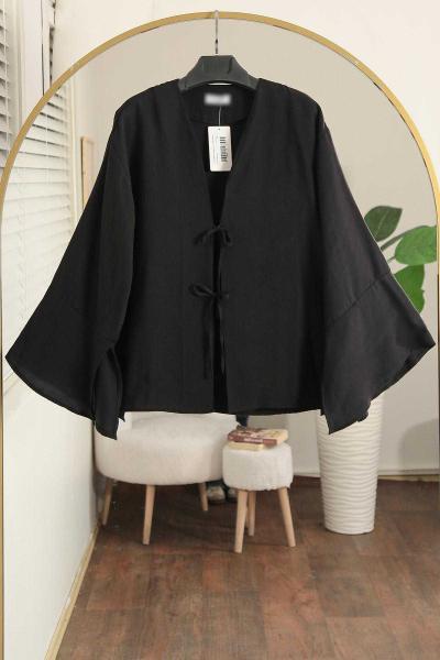 İki Bağlamalı Yırtmaçlı Verev Modal Kimono Siyah