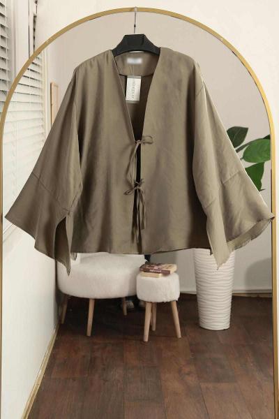 İki Bağlamalı Yırtmaçlı Verev Modal Kimono Adaçayı