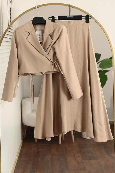 Yanı Bağlamalı Kısa Ceket Çan Etekli Modal Takım Bej