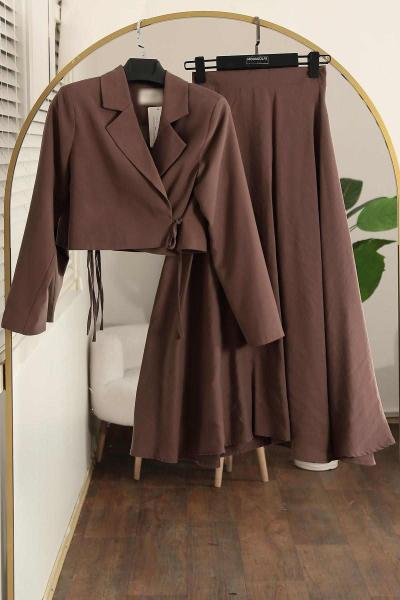 Yanı Bağlamalı Kısa Ceket Çan Etekli Modal Takım Kahve