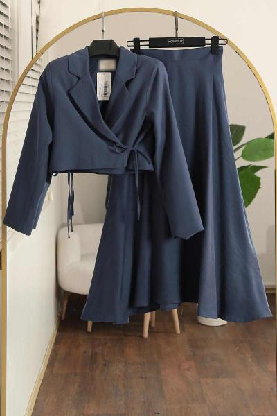 Yanı Bağlamalı Kısa Ceket Çan Etekli Modal Takım Lacivert